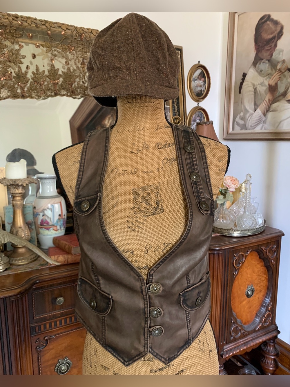 Vintage Sexy Steampunk Boho Old-English-inspired Faux Leather Vest w Tweed Cap